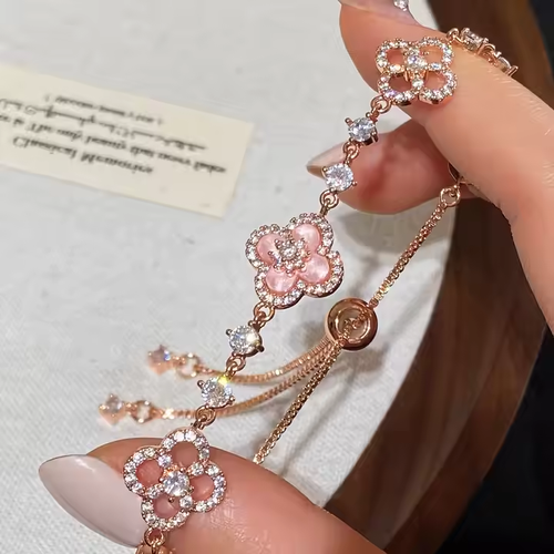 Vershal D-241 Pink Lucky Clover Inlay Zircon Fashion Bracelet 18k Gold Plated Elegant Bracelet for Women