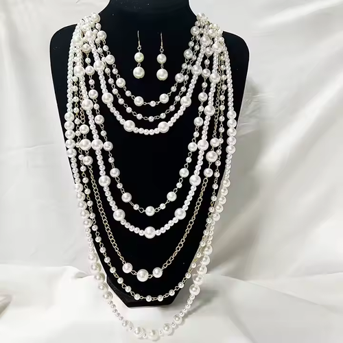 Statement Chunky Pearls Jewelry Set Long Statement Necklace Layered Pearls Necklace Earrings for Women