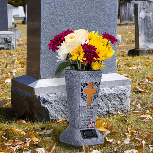 Solar Cemetery Grave Vase with Light up Cross Lament Resin Cemetery Vases with Spikes Carved Solar Cemetery Grave Vase