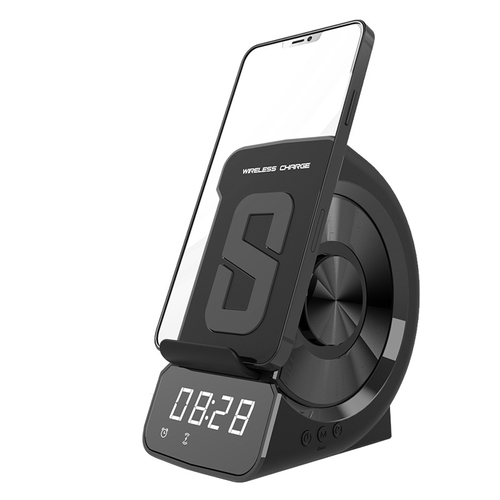 3-in-1 Wireless Charging Station Bluetooth Speaker - Digital Alarm Clock with Qi Charger, FM Radio, Night Light for Bedroom, Desktop Office