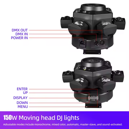 Mini 150W Six-Arm Bee Eye LED head moving light RGBW Laser Beam UV Emittance DMX512 Control for Disco Party Stage DJ Dance