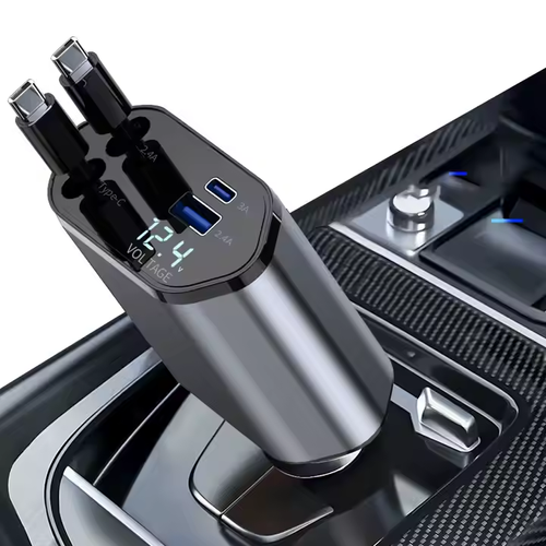 Fast Charger Car Phone Station Charger 4 in 1 LED Digital Display Retractable 2 Cables Type C portable car charger for IPhone 16