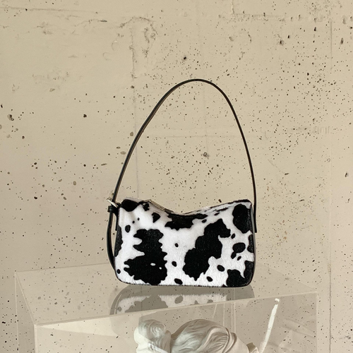 Cow Print Fuzzy Underarm Bag 2025 - Plush Square Mini Purse with Trendy Patchwork Design