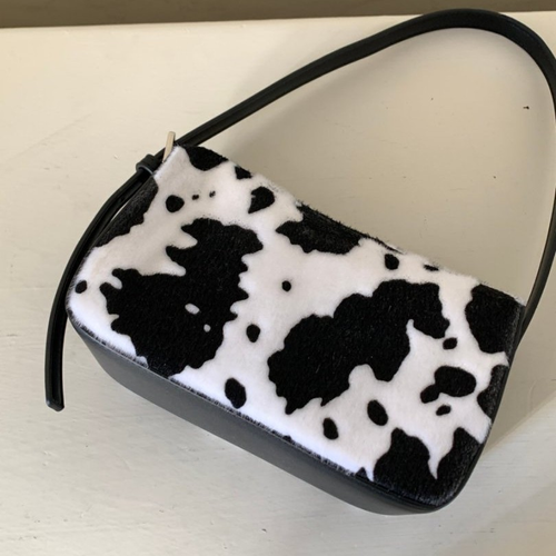Cow Print Fuzzy Underarm Bag 2025 - Plush Square Mini Purse with Trendy Patchwork Design