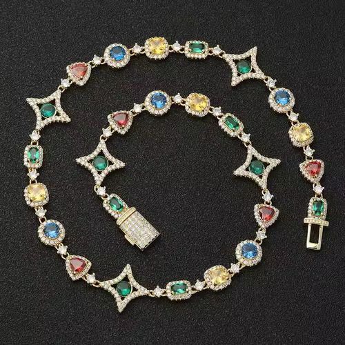 New Arrival Colorful Gemstone Chain for Women 18K Gold Plated Colored Zircon Geometry Motif Link Necklace Hip Hop Jewelry