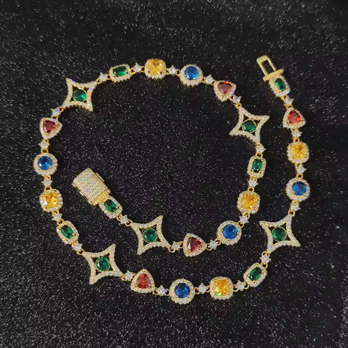 New Arrival Colorful Gemstone Chain for Women 18K Gold Plated Colored Zircon Geometry Motif Link Necklace Hip Hop Jewelry
