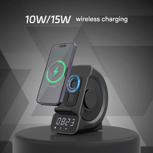 3-in-1 Wireless Charging Station Bluetooth Speaker - Digital Alarm Clock with Qi Charger, FM Radio, Night Light for Bedroom, Desktop Office