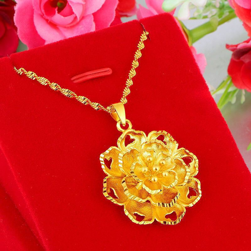 Gold Plated Placer Big Flower Pendant Necklace Water Ripple Women's Fashion Sand Gold Chain