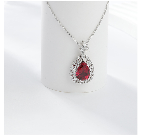 2025New Lab-Created Ruby Pendant Necklace 10x14mm - S925 Sterling Silver Teardrop Gemstone Collarbone Chain for Women, Artisan Minimalist Jewelry Gift  高转化广告语：
