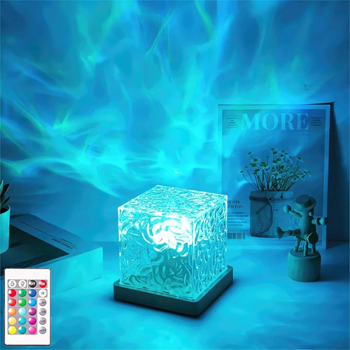 16-Color LED Night Light Romantic Flame Atmosphere Crystal Bedside Desk Lamp Water Ripple Effect Square Romantic Gift for Home