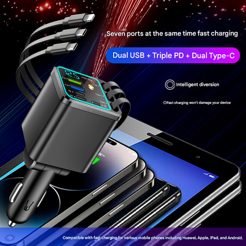 Smaller 7 in 1 Car Charger with Three RetractableType C Cables 120W Fast Retractable USB C Car Charger for iPhone 16 15 14
