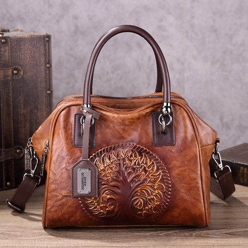 2025 Vintage Embossed Leather Pillow Bag Women - Chinese Floral Handheld Shoulder Purse Multi-Pocket Organizer Tote with Adjustable Strap