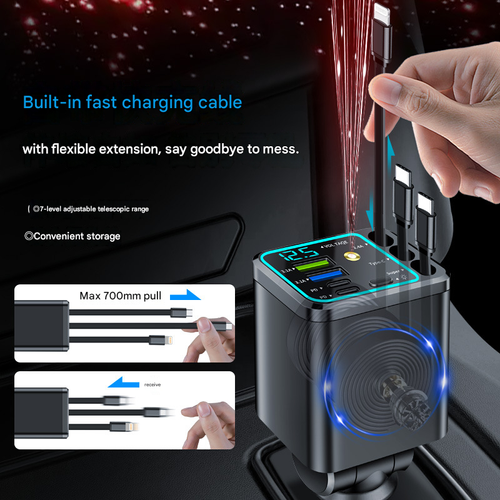 Smaller 7 in 1 Car Charger with Three RetractableType C Cables 120W Fast Retractable USB C Car Charger for iPhone 16 15 14