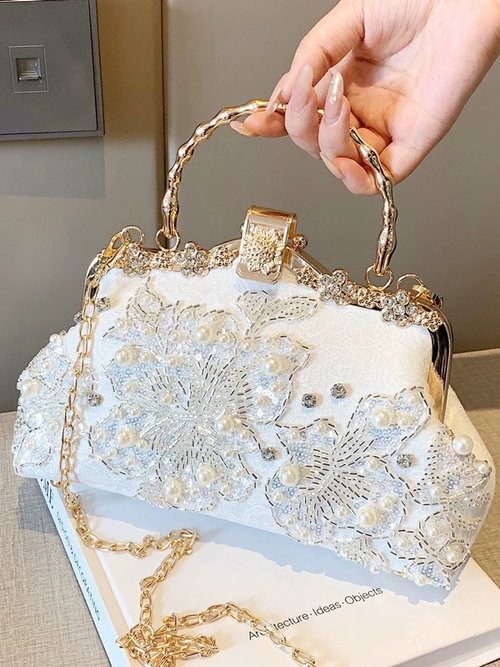 2025New Pearl Embroidered Handheld Banquet Handbag with Open Closure and Chain Decoration Durable Feature