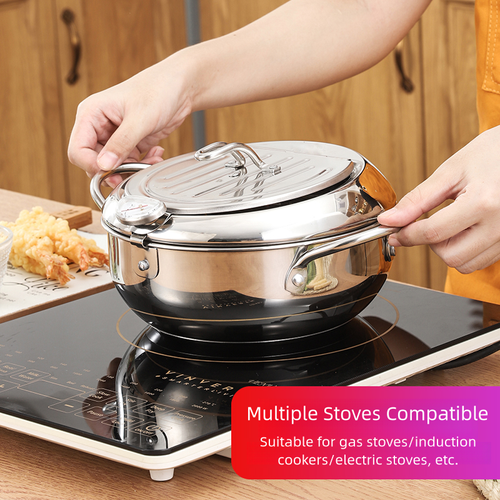 Promotional Modern Japanese French Fries Tempura Deep Fryer Pot Stainless Steel 304 Cookware Set with Lid and Double Handles
