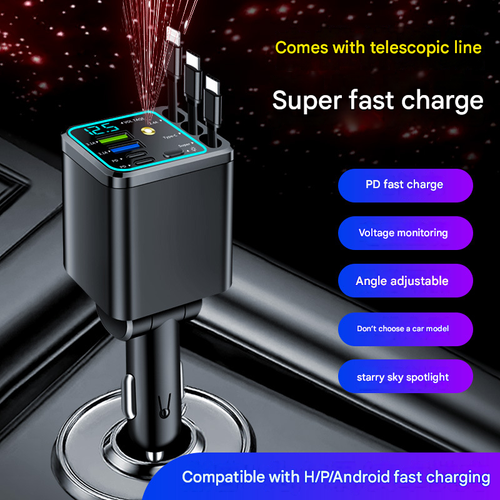 Smaller 7 in 1 Car Charger with Three RetractableType C Cables 120W Fast Retractable USB C Car Charger for iPhone 16 15 14