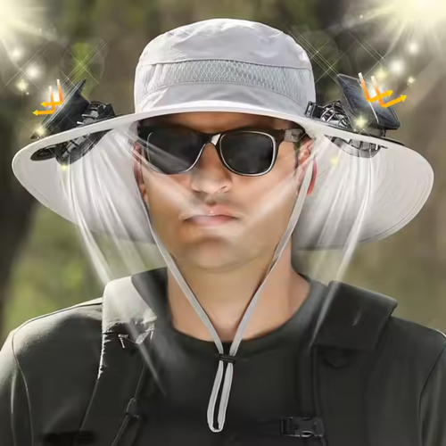 Rechargeable Solar Fan Hat - Adjustable Wide Brim (60cm) Fishing Cap with Dual Cooling Fans & UV Protection