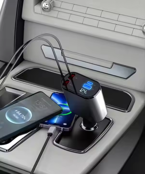 Fast Charger Car Phone Station Charger 4 in 1 LED Digital Display Retractable 2 Cables Type C portable car charger for IPhone 16