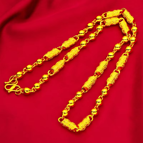 Solid Thick 8mm 24k Gold Plated Men's Necklace 24k Gold Chains Heavy Choker with Columnar Beads Gift Accessory and Jewelry