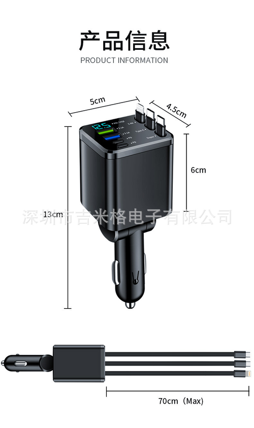 Smaller 7 in 1 Car Charger with Three RetractableType C Cables 120W Fast Retractable USB C Car Charger for iPhone 16 15 14