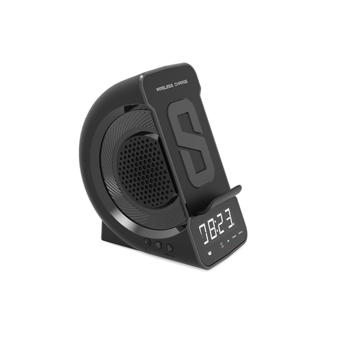 3-in-1 Wireless Charging Station Bluetooth Speaker - Digital Alarm Clock with Qi Charger, FM Radio, Night Light for Bedroom, Desktop Office