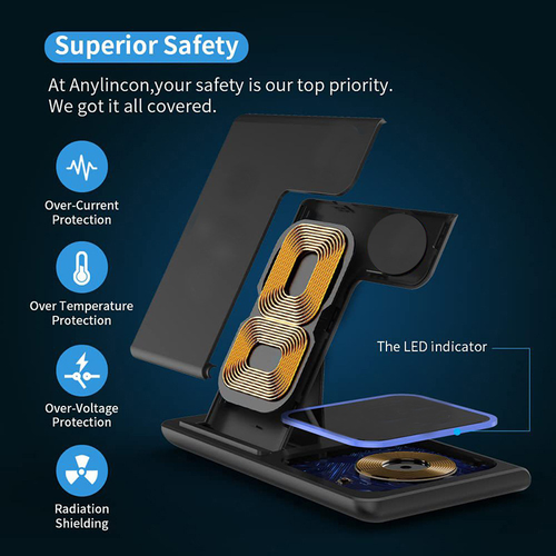 3 in 1 Foldable Wireless Charger Stand, 15W Fast Wireless Charging Station Compatible with Apple, Huawei, Smartwatch and Mobile Phones
