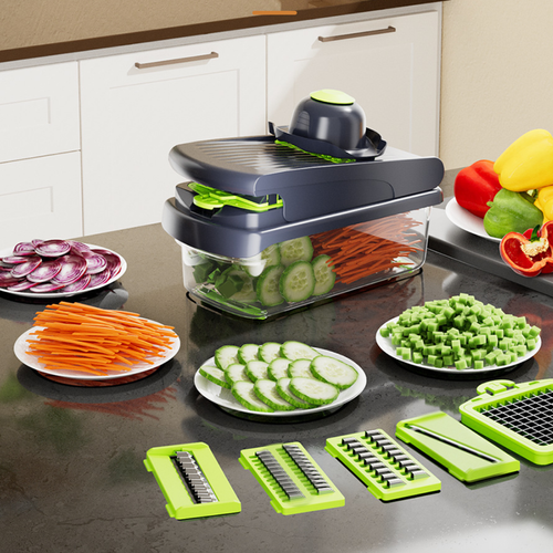 18in1 Vegetable Chopper Dicer with Container Cheese Grater Slicer Stainless Steel Manual Hand Cooking Gadget for Kitchen