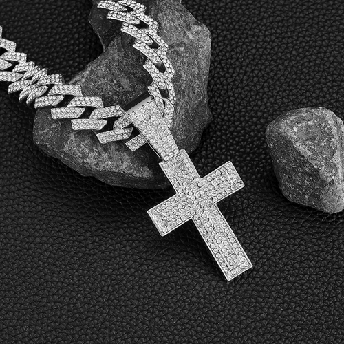 Hip-hop hot selling alloy full diamond cross pendant fashion trend rap diamond men's Cuban chain necklace jewelry