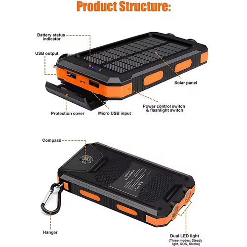 Waterproof Outdoor Solar Power Bank 10000mAh Dual USB Travel Outdoor Solar Mobile Phone Charger Solar Powerbanks for Camping