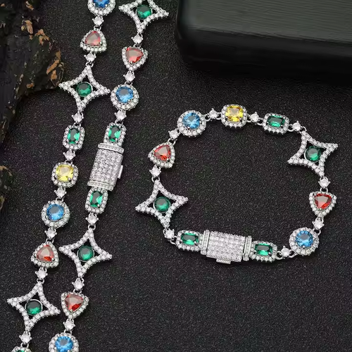 New Arrival Colorful Gemstone Chain for Women 18K Gold Plated Colored Zircon Geometry Motif Link Necklace Hip Hop Jewelry