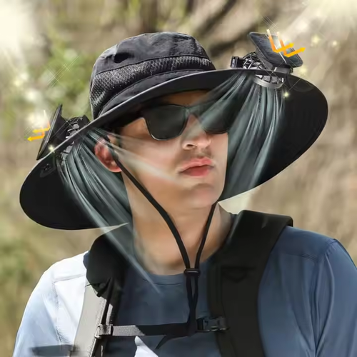 Rechargeable Solar Fan Hat - Adjustable Wide Brim (60cm) Fishing Cap with Dual Cooling Fans & UV Protection