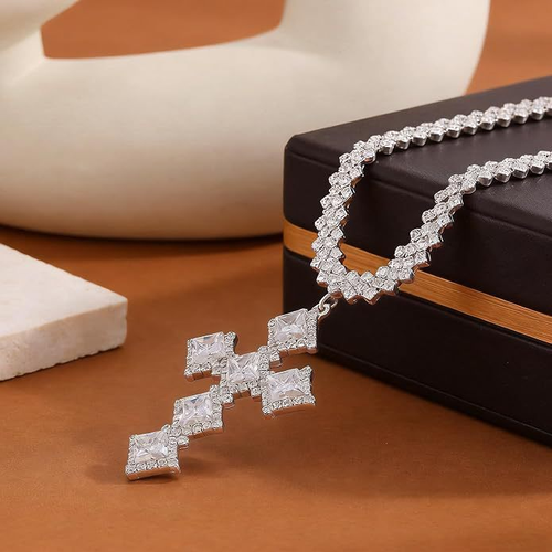 Women's French Banquet Style Full Diamond Light Luxury Trendy Sparkling Cross Copper Rhinestone Earrings Necklace Jewelry Set