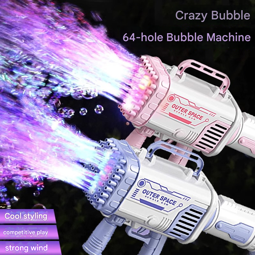 NEW Outdoor Shining 64 Holes Bubble Machine Toys Bubble Blower Electric Automatic Bazooka Rocket Boom Soap Bubble Gun Toys