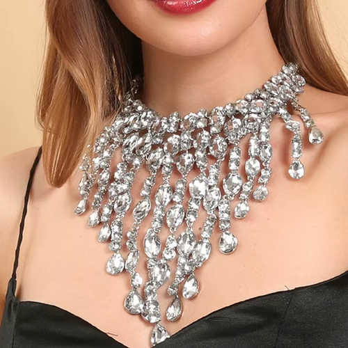 Luxury Women's Trendy Tassel Rhinestone Crystal Necklace Fashionable Bodychain Collar for Weddings Engagements-Bridal Jewelry