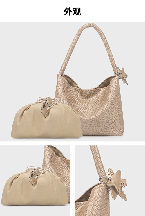 Champagne-colored 2026 super popular woven tote bag for women, large capacity, high-end handbag, shoulder bag, bucket bag.