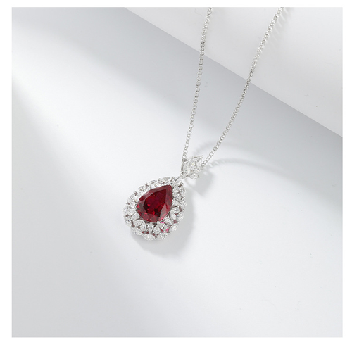 2025New Lab-Created Ruby Pendant Necklace 10x14mm - S925 Sterling Silver Teardrop Gemstone Collarbone Chain for Women, Artisan Minimalist Jewelry Gift  高转化广告语：