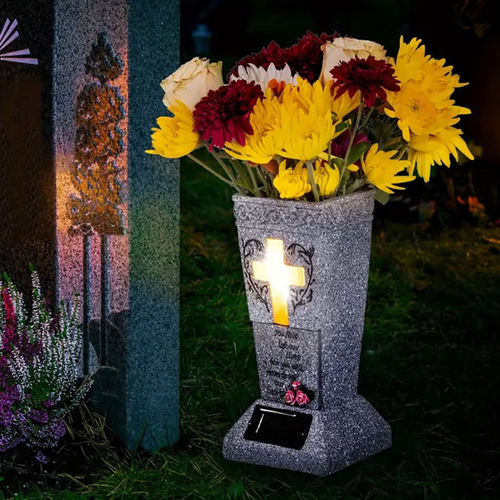 Solar Cemetery Grave Vase with Light up Cross Lament Resin Cemetery Vases with Spikes Carved Solar Cemetery Grave Vase