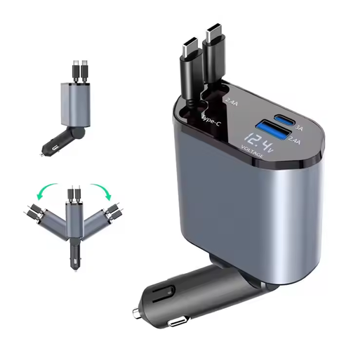 Fast Charger Car Phone Station Charger 4 in 1 LED Digital Display Retractable 2 Cables Type C portable car charger for IPhone 16