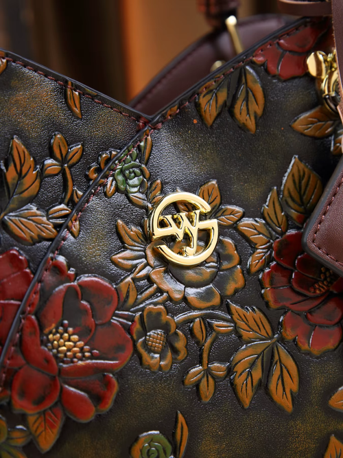 Vintage Flower Pattern Handbag, Luxury PU Leather Tote Bag, Fashion Crossbody Bag for Women