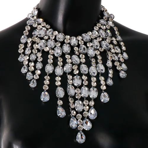 Luxury Women's Trendy Tassel Rhinestone Crystal Necklace Fashionable Bodychain Collar for Weddings Engagements-Bridal Jewelry
