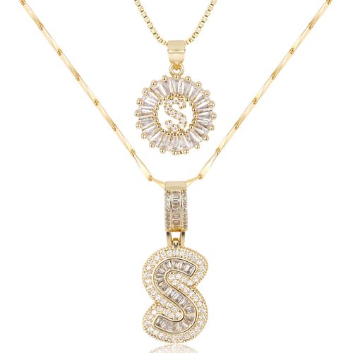 Letter Necklace 14k Gold Plated, Bling Dainty Necklaces Trendy Chunky Custom Name Necklace Personalized Round Circle Pendant Zirconia Letters Name Crystal Jewelry Gifts for Women