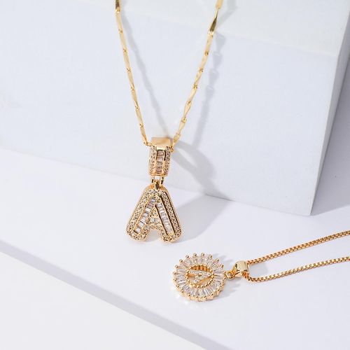 Letter Necklace 14k Gold Plated, Bling Dainty Necklaces Trendy Chunky Custom Name Necklace Personalized Round Circle Pendant Zirconia Letters Name Crystal Jewelry Gifts for Women