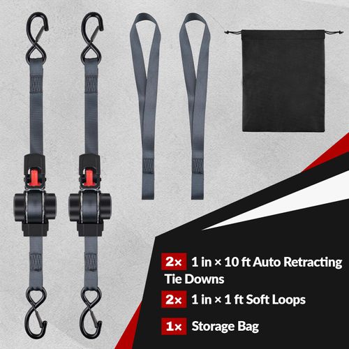 Retractable Ratchet Straps with One-Hand Safe Release for Home Use, 2PCS 1 Inch x 10 FT Ratcheting Straps with Auto Rewind, 1200 lb Break Strength, No Loose Ends for Motorcycle, Cargo, Truck