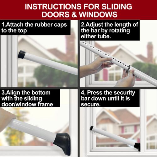 Door Security Bar, Patio Door Lock, 20-50 in, Sliding Glass Door Security Bar for Patio Door, Window Security and Door Stopper Protection, White