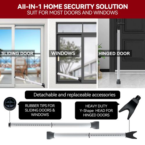 Door Security Bar, Patio Door Lock, 20-50 in, Sliding Glass Door Security Bar for Patio Door, Window Security and Door Stopper Protection, White