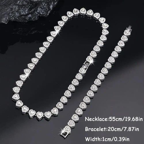 2pcs Set Heart Shaped Cuban Chain Necklace Set &,Hip Hop Style Choker Set,Luxurious Jewelry Set for Valentine's Day Gifts, Birthday,Everyday & Party Wear, for Teenager