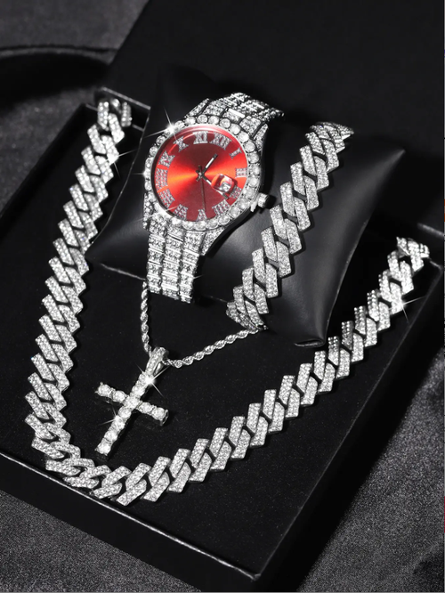 Luxury Punk with Necklace Bracelet Cross Pendant, Analog Quartz Movement, Adjustable Strap, Unisex Gift Box for All Seasons, Fashionable Jewelry Set, Bling Matching Set