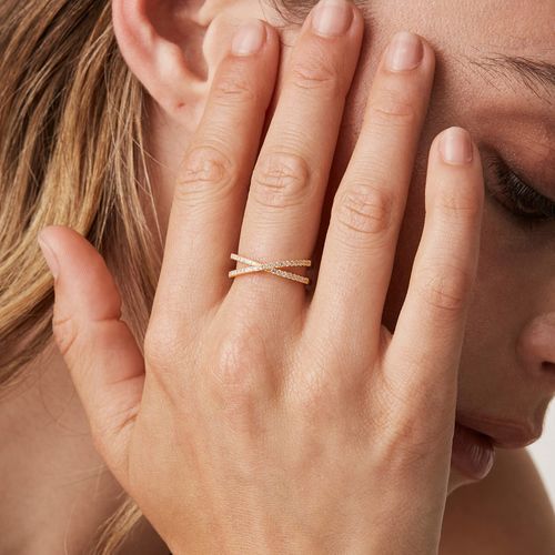 14K Gold Plated X Ring Simulated Diamond CZ Criss Cross Ring