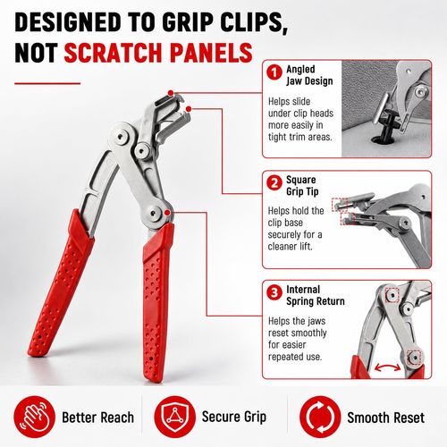 Car Clip Pliers, Panel Clip Removal Tool for Plastic Fasteners, Red, No‑Damage Plastic Fastener & Push Pin Pliers Removal Tool, for Car Trim Removal Tool, Door Panel, Bumper, Fender