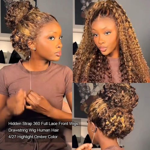 w'xWater Wave Highlight Ombre Color Invisi Strap Snug Fit 360 Skin Lace Frontal Wig Glueless Human Hair